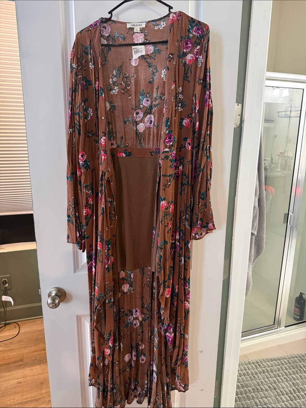 Brown Floral Maxi Duster with Pink and Green Accents